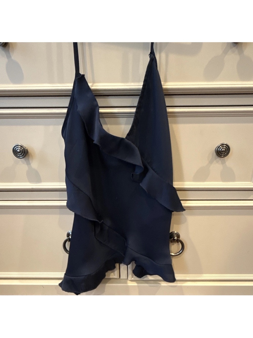 RD Style Navy Ruffle Silk-Look Bodysuit